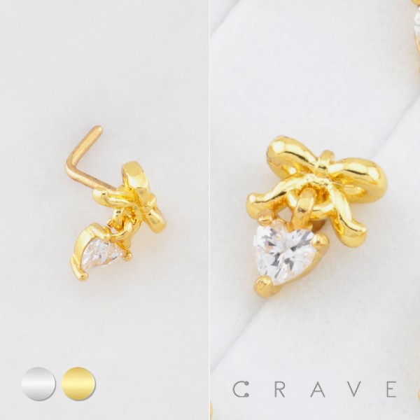 RIBBON DANGLE HEART WITH BEZEL CZ 316L SURGICAL STEEL L-SHAPE NOSE RING